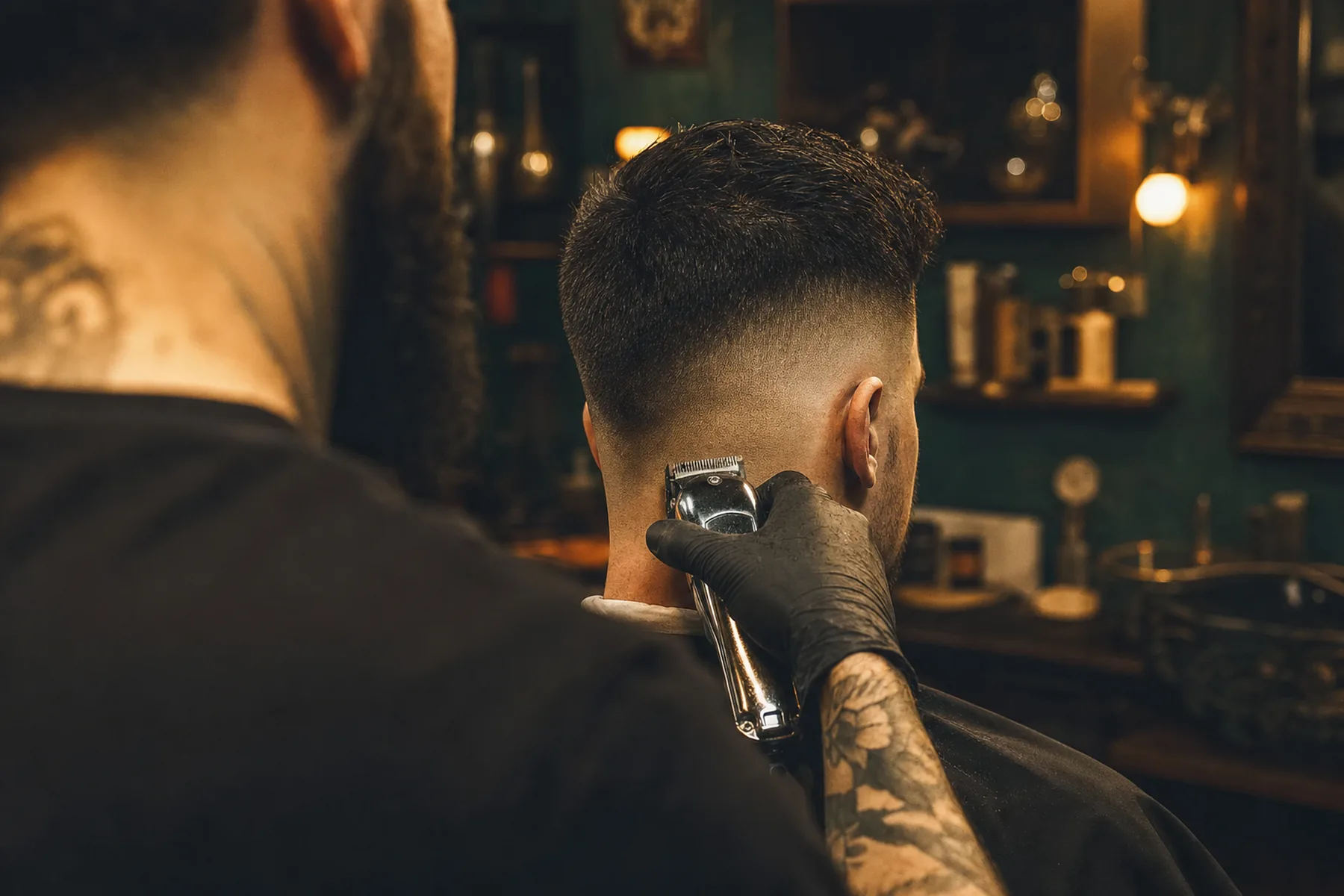 A barber blending a sharp skin fade with clippers on a seated client inside the shop.