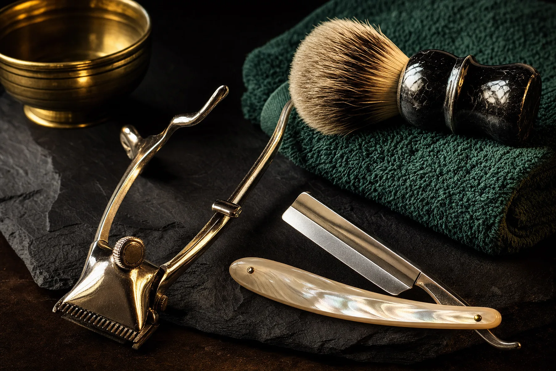 A pearl-handled straight razor, vintage clippers, shaving brush and folded emerald towel on dark slate.